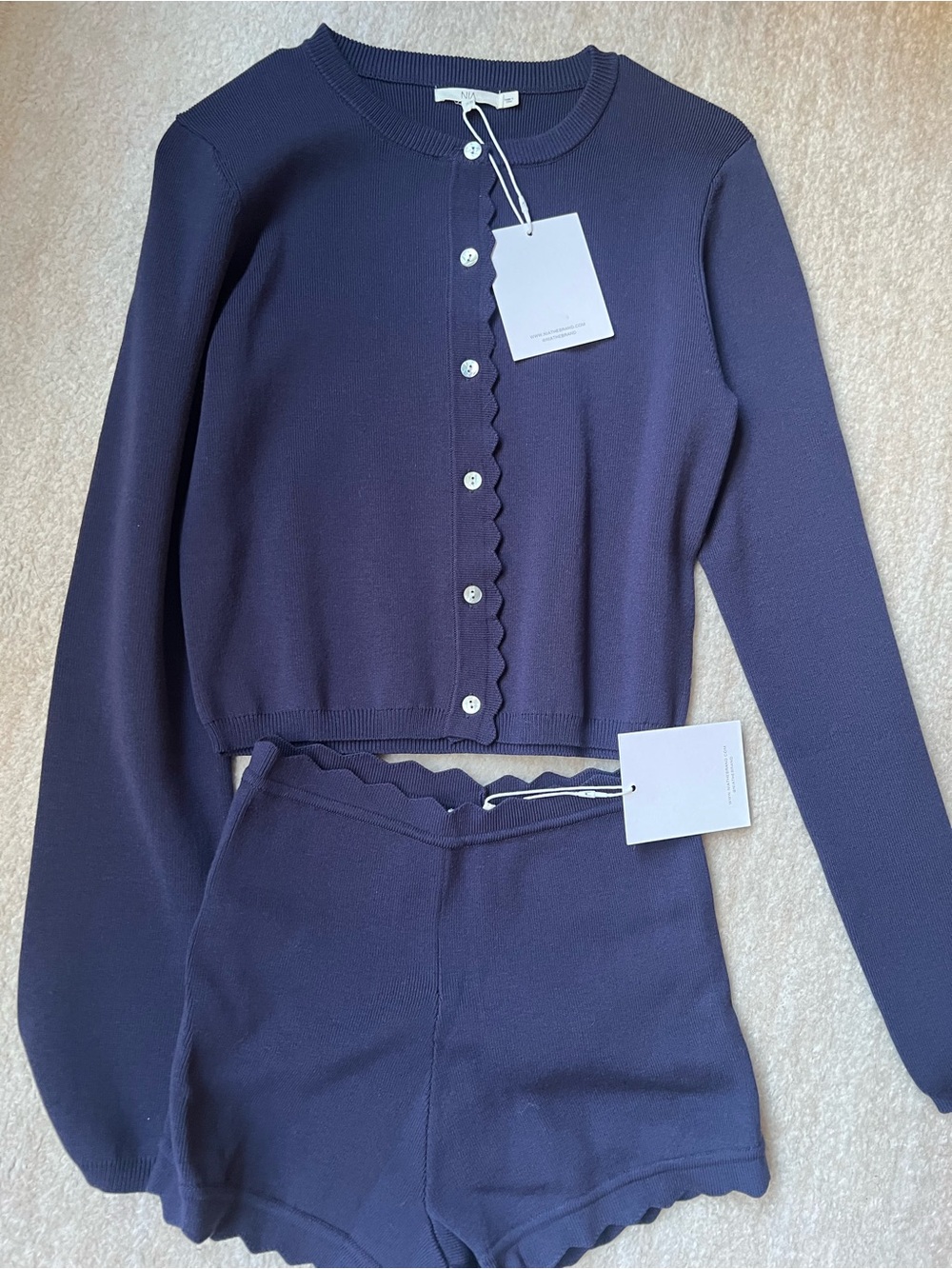 NIA the Brand Navy Scallop-Edge Cardigan & Micro Shorts NWT